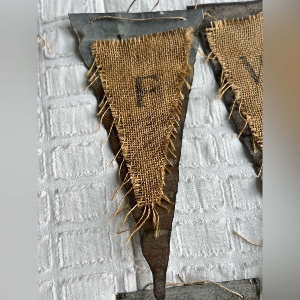 Rustic Metal Flag Burlap Accent Farmhouse Cottagecore Letter F